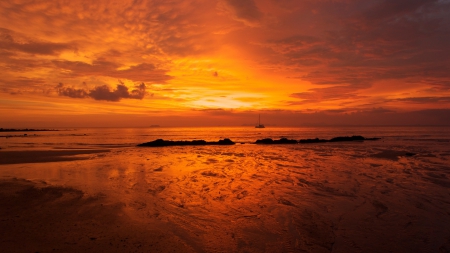 brilliant orange sunset - beach, orange, sunset, sea, sailboat