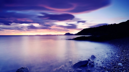 spectacular stone beach at twilight hdr - clouds, stones, sea, twilight, mist, shore, hdr