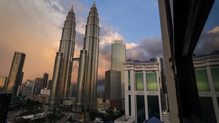 view of petronas towers in kuala lampur - view, window, skyscrapers, city, sky