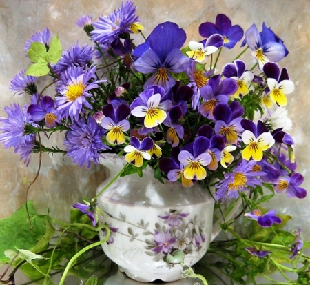 Still life - beauty, flwers, freshness, still life, spring, vase, pansies, nature, purple, yellow, flowers, colors