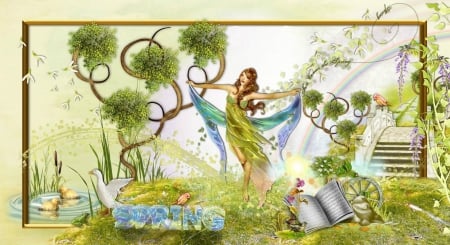 Spring Is In The Air - woman, stairs, duck, female, frog, wheel, book, spring, wagon wheel, rock, bridge, pond, birds, rainbow, plants, ducklings, steps, flowers