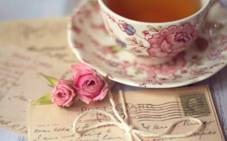 Tea - old letters, pink roses, drink, cups, roses, tea, old letter, rose, cup, letter, pink, letters, flowers, old, drinks, flower