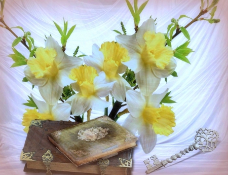 Book of history - key, flowers, yellow, book