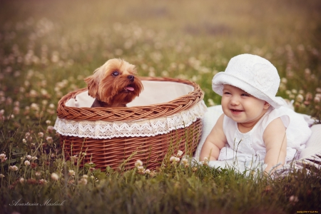 Joyful Day - baby, smiles, dog, innocent, laughter