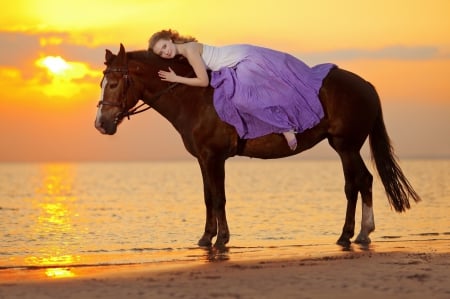 Evening On The Beach - clouds, water, beach, evening, dress, ocean, horse, sand, cowgirl, sunset, sun, sky