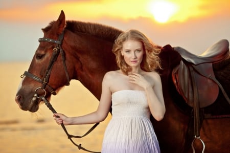 Woman and Her Horse - horse, blonde, sun, dress, saddle, cowgirl, clouds, female, sunset