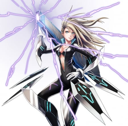 Sparks - female, hot, magic, emotional, anime girl, simple, armor, white, sparks, lighting, anime, thunder, sexy, girl, long hair, hd, plain, serious