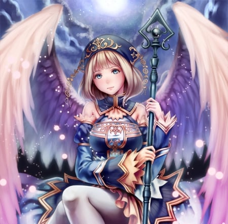 Angel - beauty, nice, female, angel, wand, wings, animegirl, pretty, feather, anime, maiden, lady, girl, long hair, lovely, staff, hd, beautiful, weapon, sweet