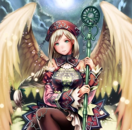 Angel - beauty, nice, female, angel, wand, wings, animegirl, pretty, feather, anime, maiden, lady, girl, long hair, lovely, staff, hd, beautiful, weapon, sweet