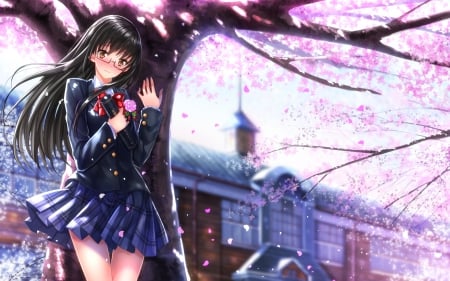 Confessions of a Goodbye - beauty, nice, female, miniskirt, anime girl, black hair, wind, windy, pretty, petals, anime, scene, skirt, scenic, girl, long hair, lovely, school uniform, hd, beautiful, blossom, scenery, sweet, breeze, uniform, flower