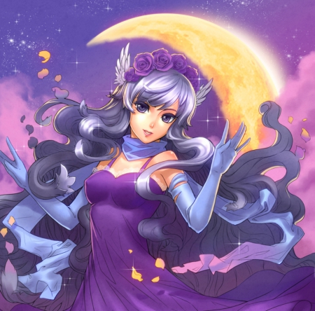 Crescent - nice, beauty, sky, female, roses, hot, elegant, animegirl, gorgeous, purple, pretty, anime, cute, maiden, sexy, girl, gown, lovely, floral, beautiful, crescent, sweet, smile, dress, happy, flower