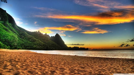 Beach Sunset - clouds, trees plant, hills, sea, sunset, nature, golden, sun, sky, moutains