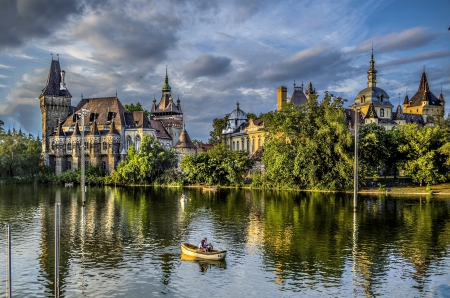 Vajdahunyad Castle, Budapest, Hungary - lake, sky, hungary, boats, trees, cities, budapest, vajdahunyad castle, castles, castle, city, hdr, old