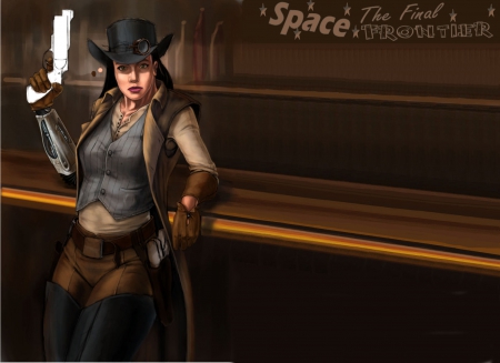 Space Cowgirl - pretty, fun, anime, female, chaps, guns, hats, space, cowgirls, fantasy, dangerous, art, westerns