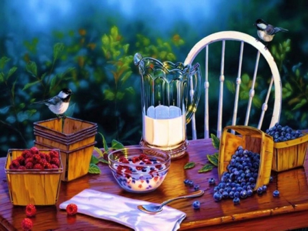 Still Life - bird, blueberries, table, fruits, basket, chair