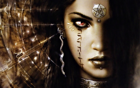 Fantasy girl - girl, dark, Luis Royo, black, fantasy, red eye, woman, face, art