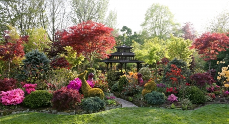 English Eden~The Four Seasons Garden - figures, trees, path, gazebo, plants, bushes, lawn, statues, sculptures, flowers, garden