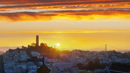 sunset over san francisco hill - tower, hill, city, bridge, sunset