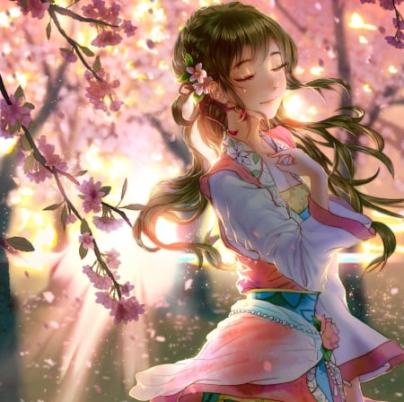 Dreaming - pretty, anime, female, scenery, blossom, scene, maiden, dress, light, pink, long hair, happy, oriental, hd, nice, anime girl, realistic, sakura, cherry blossom, beautiful, scenic, beauty, lovely, sakura blossom, sweet, flower, petals, glow, smile, lady, cute, floral