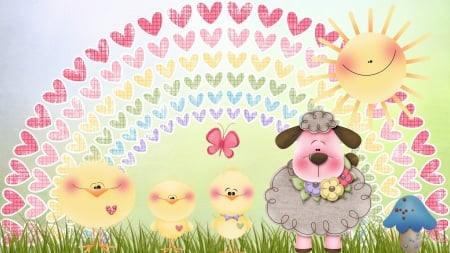 Rainbow Easter - chickens, sunshine, spring, grass, Easter, happy, smile, sheep, rainbow, chicks, mushrooms, heearts, hearts