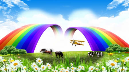 Double Wings Double Rainbow - rainbow, farm, sky, trees, summer, field, airplane, spring, country, horses, cows, clouds, flowers, daisies, butterflies