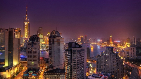 shanghai at night - river, lights, towers, skyscrapers, city, night