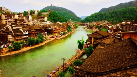 river in the ancient town of fenghuang china - river, bridges, ancient, town, mountains