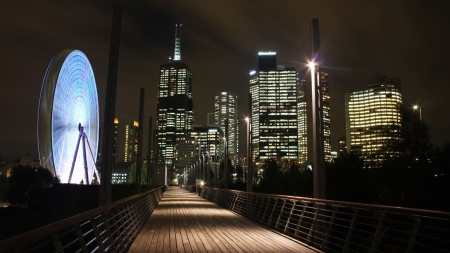 a city bridge by a ferris wheel - ferris wheel, night, city, bridge, lights