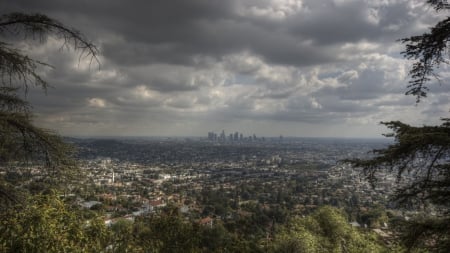 panorama of a huge urban scape - hill, panorama, clouds, city, trees, gray