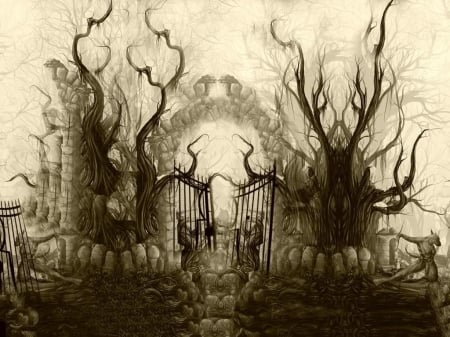 Gate - branches, colorless, trees, misty