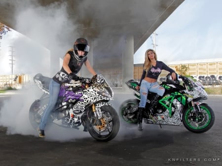 Chicks With Bikes - smoke, helmet, models, blonde