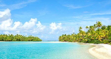 Secret Beach, Polynesia - summer, sand, turquoise waters, clouds, beautiful, palms, sea