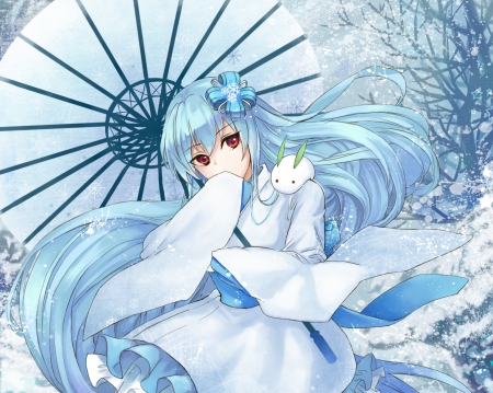 Snow Maiden - pretty, anime, kawaii, female, maiden, snow, long hair, umbrella, blue hair, nice, anime girl, winter, girl, kimono, lovely, sweet, yukata, lady