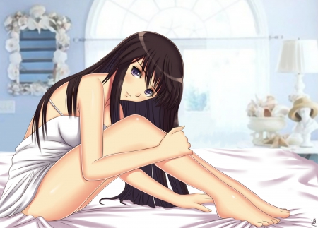 BedRoom - pretty, anime, anime girl, female, beautiful, maiden, girl, beauty, lovely, bedroom, long hair, sweet, bed, lady, black hair, nice