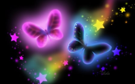 Butterflies and Stars - creation, stars, viola tricolor, light, night, design, darkness, neon, art, butterfly, butterflies