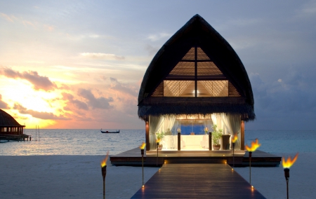 A Place With A Great View - hut, ocean, dock, sunset, boat