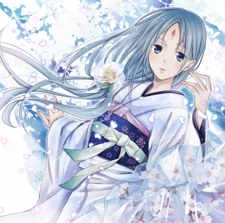 Snow Maiden - flower, maiden, beautiful, blossom, anime girl, girl, lady, floral, blue hair, beauty, sweet, anime, yukata, long hair, petals, nice, lovely, kimono, female