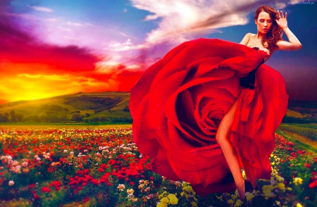 Woman in Rose Dress - woman, serene, girl, wallpaper, sunset, rose, fantasy, elegant, art, beautiful, red, digital, dress