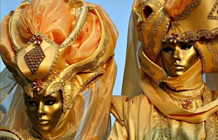 Venice Carnival - hat, people, mask, venice, golden, orange, couple, carnival