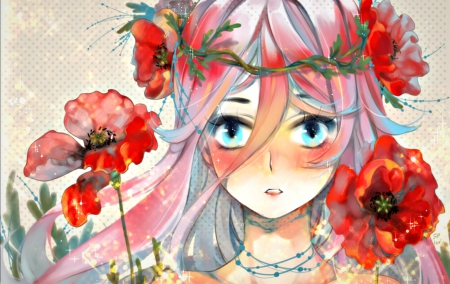 Hatsune Miku - red, flower, spring, vocaloid, anime, girl, blue, manga, art, semcool, poppy, hatsune miku