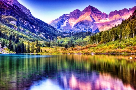 Mountain reflection on lake - lake, sky, mountain, trees, plants, nature, forest, reflection, fishes, clouds, colors