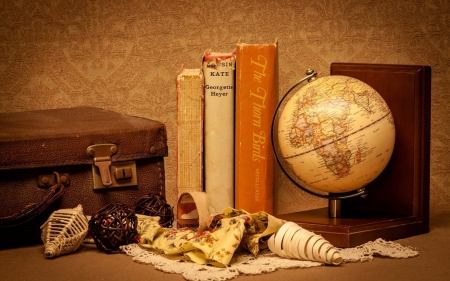 Books, globe... - globe, world, brown, book, old, books, suitcase