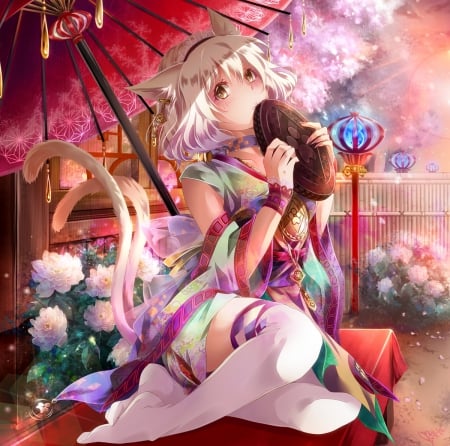 Neko Chan - pretty, anime, female, ears, nekomimi, tail, japan, oriental, nice, neko, anime girl, beautiful, girl, beauty, kimono, lovely, sweet, flower, yukata, neko mimi, floral, japanese