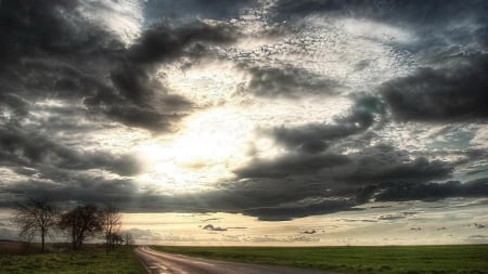 dark clouds over rural road - clouds, fields, road, tree, dark