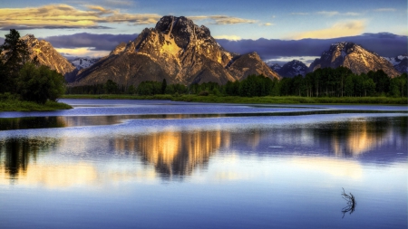 wonderful landscape - forest, mountain, reflection, river, clouds