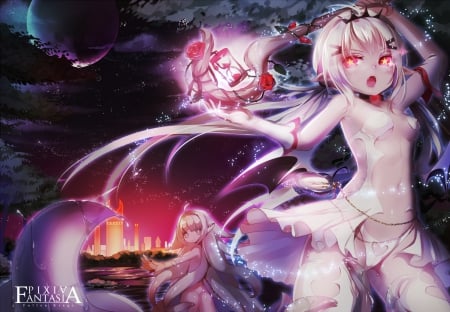 Fantasia - choker, fire, red eyes, magic, fantasy, city, red rose, aniem, gloves, cool, awesome, flowers, dark, pixiv fantasia, camelote, female, vampire, bautiful, cute, beautiful, white hair, ocean, anime girl, demon, pretty, beauty, fang, sweet, night, twintails, dress, sky, long hair, roses, nice, moon