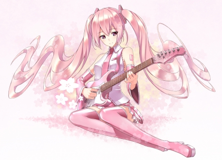 Sakura's Music - hatsune miku, skirt, guitar, long hair, pink hair, boots, sakura miku, ponytails, vocaloid, tie, anime, flowers, pink eyes