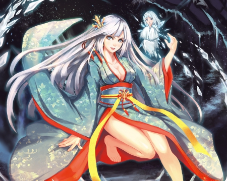 Snow Maiden - pretty, anime, female, maiden, snow, long hair, white hair, nice, silver hair, anime girl, winter, beautiful, hot, girl, beauty, kimono, lovely, sweet, yukata, lady, sexy