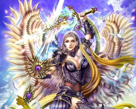 Warrior of the Sky - pretty, magic, warrior, wing, angel, light, magical, armor, weapon, nice, beautiful, sword, feather, beauty, lovely, sweet, blade, glow, fantasy, wings, fantasy girl