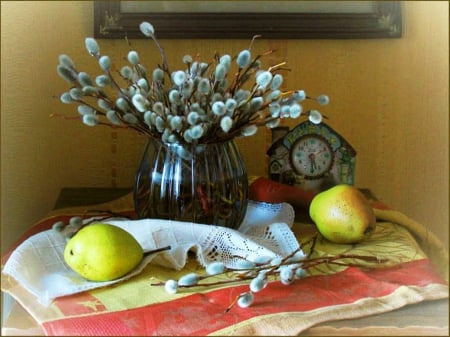 Still life - pears, fruits, photography, still life, vase, spring, abstract, catkins, twigs